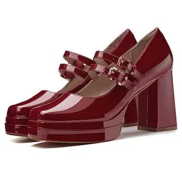 Coutgo Women's Platform Mary Jane Pumps - Deep Red Elegance