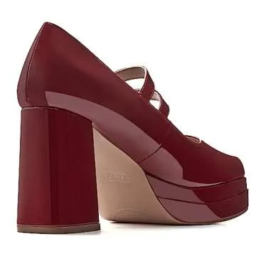 Coutgo Women's Platform Mary Jane Pumps - Deep Red Elegance