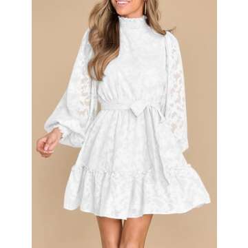 Ferlema Women's Elegant Floral Lace Dress Smocked Ruffle Long Sleeve High Waist Tiered Mini Dresses with Belt White X-Large