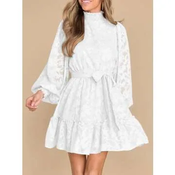 Ferlema Women's Elegant Floral Lace Dress Smocked Ruffle Long Sleeve High Waist Tiered Mini Dresses with Belt White X-Large