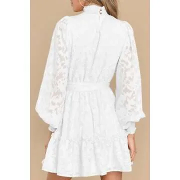 Ferlema Women's Elegant Floral Lace Dress Smocked Ruffle Long Sleeve High Waist Tiered Mini Dresses with Belt White X-Large