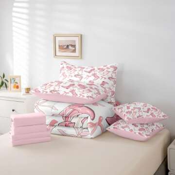Manfei Cowgirl Comforter Set Twin Size 7 Pcs,Western Cowboy Boots Pink Bowknots Bedding Set,Dreamy Fairy Tale Princess Starry (Comforter+Fitted+Flat Sheet+2 Pillowcases+2 Throw Pillow Covers)