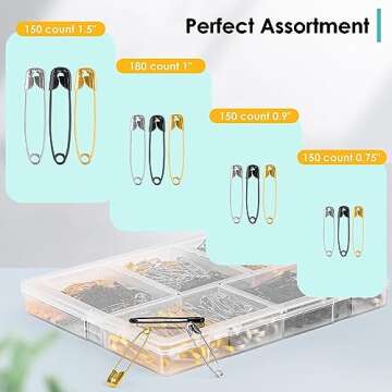 630 Pack Safety Pins Assorted, 5 Different Sizes Small and Large Safety Pin for Clothes Pins Sewing,...