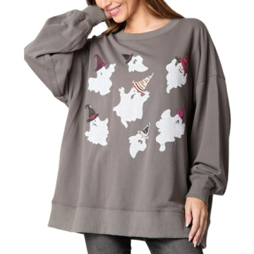 Yiulangde Women's Cute Halloween Sweatshirts Sequin Spooky Ghost Graphic Oversized Pullover Crewneck...