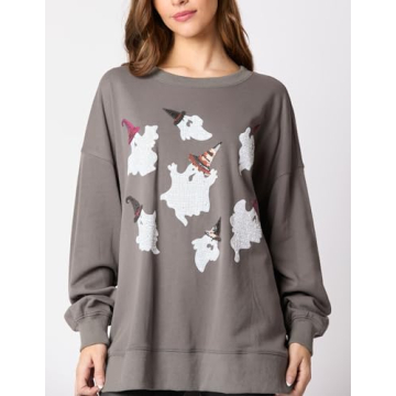 Yiulangde Women's Cute Halloween Sweatshirts Sequin Spooky Ghost Graphic Oversized Pullover Crewneck Long Sleeve Sweater Tops Dark Grey