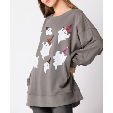 Yiulangde Women's Cute Halloween Sweatshirts Sequin Spooky Ghost Graphic Oversized Pullover Crewneck Long Sleeve Sweater Tops Dark Grey