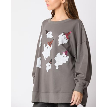 Yiulangde Women's Cute Halloween Sweatshirts Sequin Spooky Ghost Graphic Oversized Pullover Crewneck Long Sleeve Sweater Tops Dark Grey