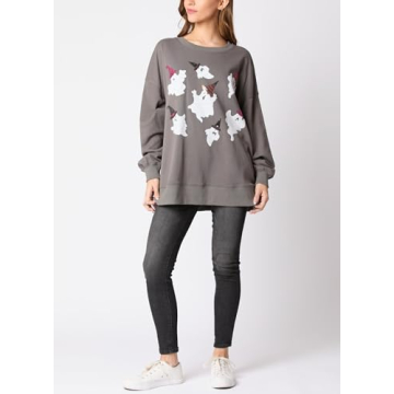 Yiulangde Women's Cute Halloween Sweatshirts Sequin Spooky Ghost Graphic Oversized Pullover Crewneck Long Sleeve Sweater Tops Dark Grey