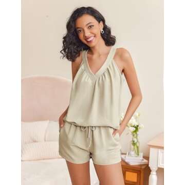 Ekouaer Pajama Sets for Women Cute Camisole Pj Shorts Lounge Set Summer 2 Piece Outfits Comfy Sleepwear with Pockets Khaki S