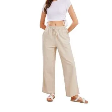 CHARTOU Women's Summer Drawstring Waist Wide Leg Loose Cotton Linen Palazzo Pants in Khaki