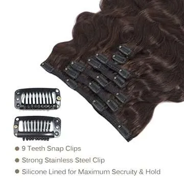 Urbeauty Clip in Hair Extensions Real Human Hair Dark Chocolate Brown Color 100% Unprocessed Full Head Brazilian Virgin Hair Body Wave Hair Clip Ins for Black And White Women/Girls Human Hair 12inch