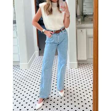 Hooever Women's Turtleneck Sleeveless Knitted Tank Tops Shoulder Pads Sweater Vest(White-S)