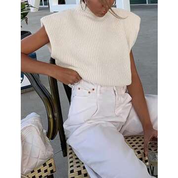 Hooever Women's Turtleneck Sleeveless Knitted Tank Tops Shoulder Pads Sweater Vest(White-S)