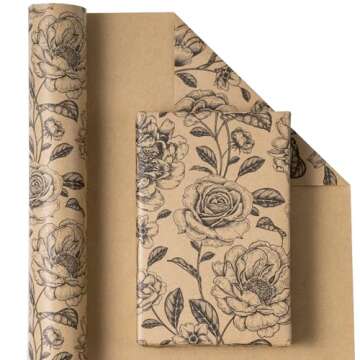 WRAPAHOLIC Kraft Floral Wrapping Paper Roll - Mini Roll - 17 Inch x 33 Feet - Vintage Black Floral D...