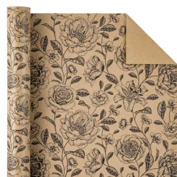 WRAPAHOLIC Kraft Floral Wrapping Paper Roll - Mini Roll - 17 Inch x 33 Feet - Vintage Black Floral Design for Birthday, Bridal Shower, Wedding, Baby Shower