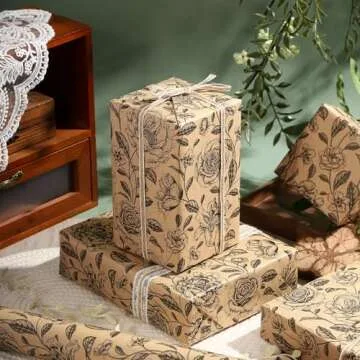 WRAPAHOLIC Kraft Floral Wrapping Paper Roll - Mini Roll - 17 Inch x 33 Feet - Vintage Black Floral Design for Birthday, Bridal Shower, Wedding, Baby Shower