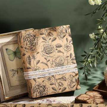 WRAPAHOLIC Kraft Floral Wrapping Paper Roll - Mini Roll - 17 Inch x 33 Feet - Vintage Black Floral Design for Birthday, Bridal Shower, Wedding, Baby Shower