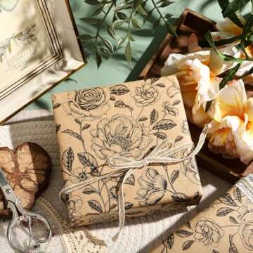 WRAPAHOLIC Kraft Floral Wrapping Paper Roll - Mini Roll - 17 Inch x 33 Feet - Vintage Black Floral Design for Birthday, Bridal Shower, Wedding, Baby Shower