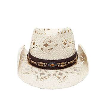 Vamuss Straw Cowboy Hat W/Vegan Leather Band & Beads, Shapeable Brim (Natural Ivory)