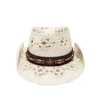 Vamuss Straw Cowboy Hat W/Vegan Leather Band & Beads, Shapeable Brim (Natural Ivory)