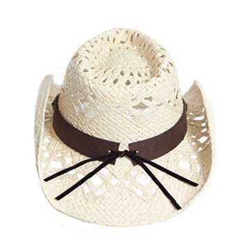 Vamuss Straw Cowboy Hat W/Vegan Leather Band & Beads, Shapeable Brim (Natural Ivory)