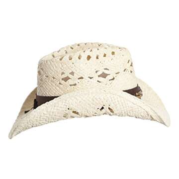 Vamuss Straw Cowboy Hat W/Vegan Leather Band & Beads, Shapeable Brim (Natural Ivory)