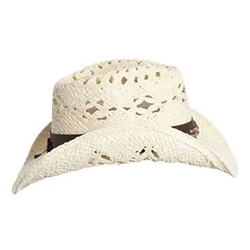 Vamuss Straw Cowboy Hat W/Vegan Leather Band & Beads, Shapeable Brim (Natural Ivory)
