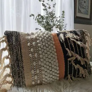 COZYDEKO Decorative Boho-Chic Textured Lumbar Pillow Cover 12”x20” Trendy Moroccan Rustic Throw with Tufted Accents Handwoven Cotton, Neutral Farmhouse Home Decor, Limited Edition (No Insert)