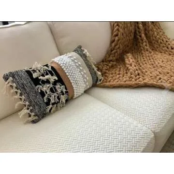 COZYDEKO Decorative Boho-Chic Textured Lumbar Pillow Cover 12”x20” Trendy Moroccan Rustic Throw with Tufted Accents Handwoven Cotton, Neutral Farmhouse Home Decor, Limited Edition (No Insert)