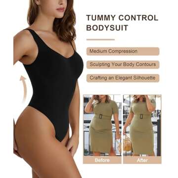 SHAPERX Bodysuit for Women Tummy Control Shapewear Scoop Neck Sculpting Thong Body Shaper Tank Top,SZ5240-Black-L/XL