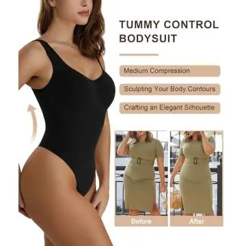 SHAPERX Bodysuit for Women Tummy Control Shapewear Scoop Neck Sculpting Thong Body Shaper Tank Top,SZ5240-Black-L/XL