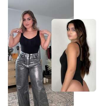 SHAPERX Bodysuit for Women Tummy Control Shapewear Scoop Neck Sculpting Thong Body Shaper Tank Top,SZ5240-Black-L/XL