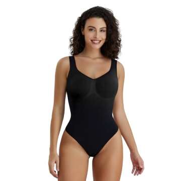 SHAPERX Bodysuit for Women Tummy Control Shapewear Scoop Neck Sculpting Thong Body Shaper Tank Top,SZ5240-Black-L/XL