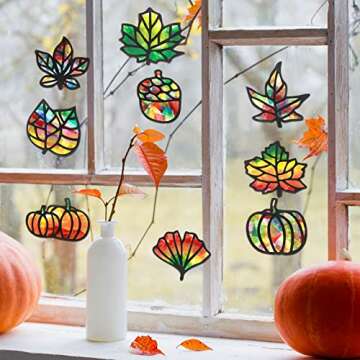 Zonon 27 Pieces Fall Leaves Suncatcher Paper Kit Autumn Pumpkin Acorn Suncatcher Craft Kit for Window Sun Catchers for Kids Thanksgiving Decorations