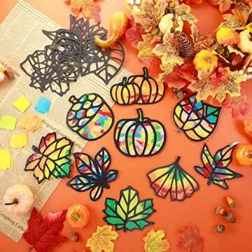 Zonon 27 Pieces Fall Leaves Suncatcher Paper Kit Autumn Pumpkin Acorn Suncatcher Craft Kit for Window Sun Catchers for Kids Thanksgiving Decorations