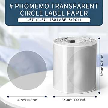 [3x180 pcs] Circle Transparent Thermal Label Paper, Phomemo M110/M220/M120/M200/M221/M150 Printer Round Label, Self-Adhesive Thermal Printer Paper, 1.57"x1.57"(40x40mm) 180 Pcs/Roll, Clear