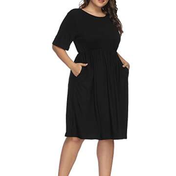 ALLEGRACE Women Plus Size Half Sleeve Round Neck Cocktail Midi Dress Ruffle Party Dresses Black 2X
