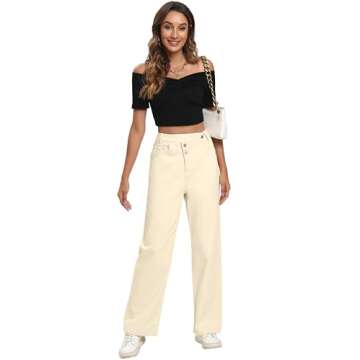 KICZOY Jeans Women High Waist Wide Leg Baggy Jeans Boyfriends Stretch Denim Pants Beige