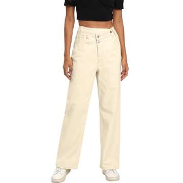 KICZOY Jeans Women High Waist Wide Leg Baggy Jeans Boyfriends Stretch Denim Pants Beige