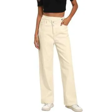 KICZOY Jeans Women High Waist Wide Leg Baggy Jeans Boyfriends Stretch Denim Pants Beige