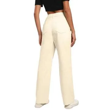 KICZOY Jeans Women High Waist Wide Leg Baggy Jeans Boyfriends Stretch Denim Pants Beige