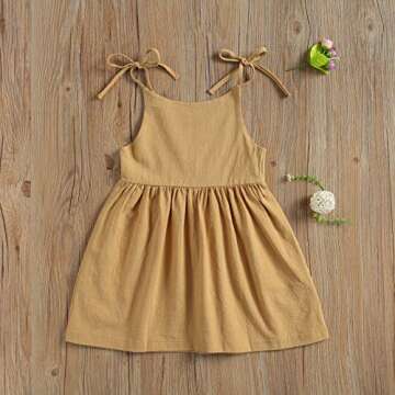 Toddler Summer Slip Dress Baby Girl Sleeveless Solid Color Tie Up One-Piece Pocket A-Line Dresses (Khaki, 4-5 Years)
