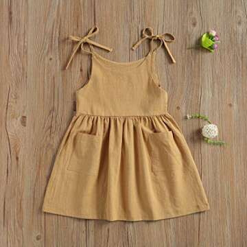 Toddler Summer Slip Dress Baby Girl Sleeveless Solid Color Tie Up One-Piece Pocket A-Line Dresses (Khaki, 4-5 Years)