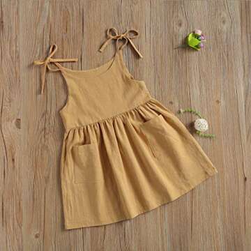 Toddler Summer Slip Dress Baby Girl Sleeveless Solid Color Tie Up One-Piece Pocket A-Line Dresses (Khaki, 4-5 Years)
