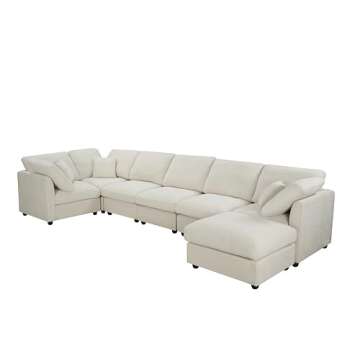 Oversized Modular Cushions Sectional Sofa Couch with Movable Ottoman ,L-Shaped Corner Low Back Deep Seat Spacious Sectional & Couch Convertible Sleeper Sofabed for House Apartment Living Room Sets