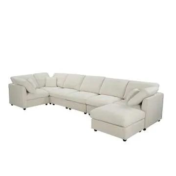 Oversized Modular Cushions Sectional Sofa Couch with Movable Ottoman ,L-Shaped Corner Low Back Deep Seat Spacious Sectional & Couch Convertible Sleeper Sofabed for House Apartment Living Room Sets