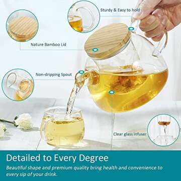 34oz/1000ml Glass Teapot with Glass Tea Infusers, Glass Tea Kettle for Loose Tea, with Removable Cle...