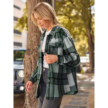 AUTOMET Womens Fall Outfits Fashion Clothes Shackets Flannel Plaid Button Down Long Sleeve Shirts Jackets Green M