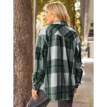 AUTOMET Womens Fall Outfits Fashion Clothes Shackets Flannel Plaid Button Down Long Sleeve Shirts Jackets Green M