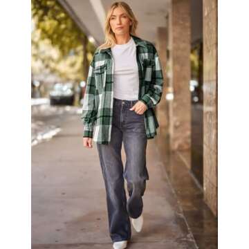 AUTOMET Womens Fall Outfits Fashion Clothes Shackets Flannel Plaid Button Down Long Sleeve Shirts Jackets Green M